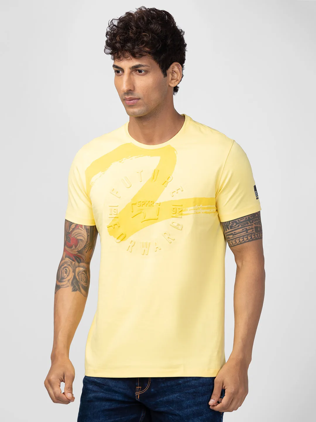 Spykar Men Yellow Cotton Regular Fit Half Sleeve Printed T-Shirt