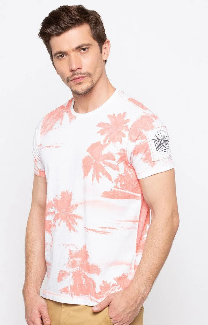 Spykar Peach Printed Slim Fit Men T-Shirts