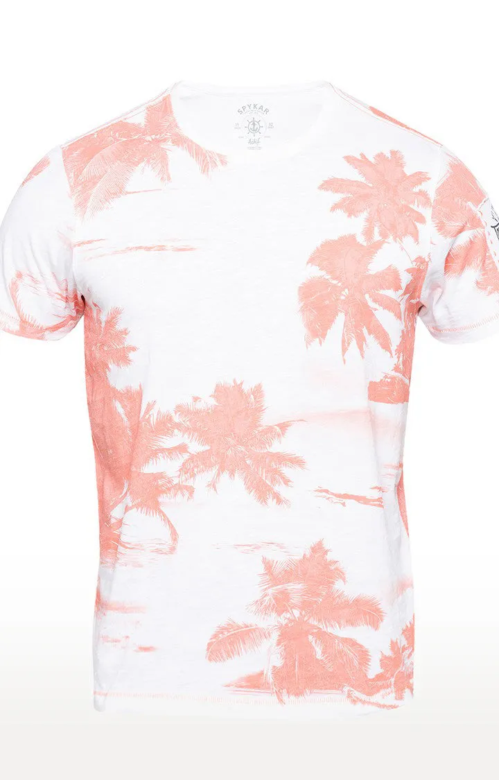 Spykar Peach Printed Slim Fit Men T-Shirts