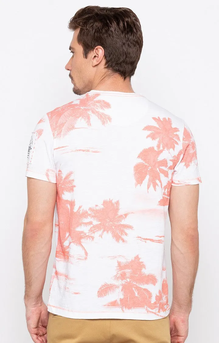 Spykar Peach Printed Slim Fit Men T-Shirts