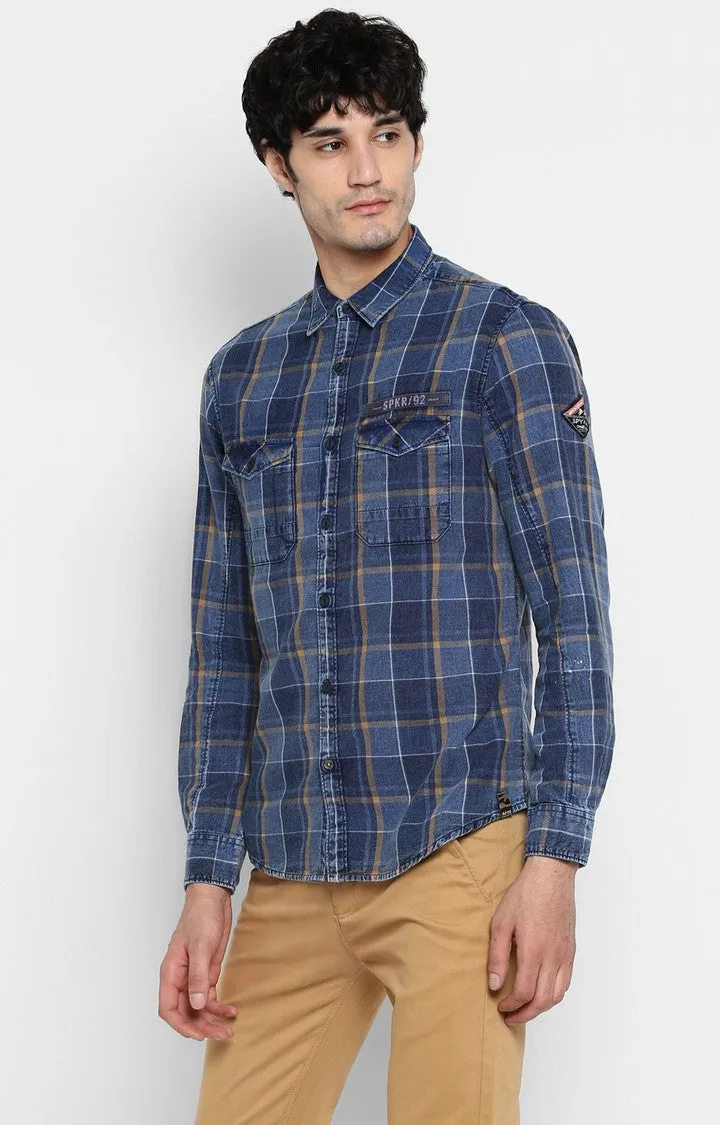 Spykar Slim Fit Men Blue Checked Casual Shirt