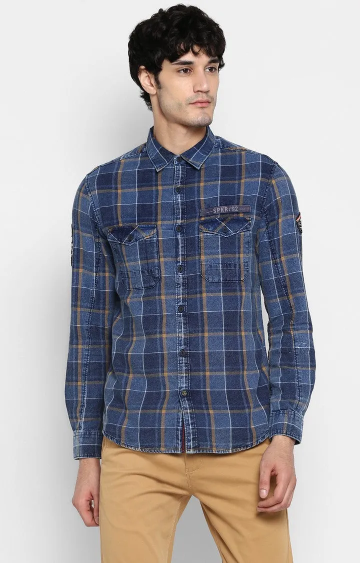 Spykar Slim Fit Men Blue Checked Casual Shirt