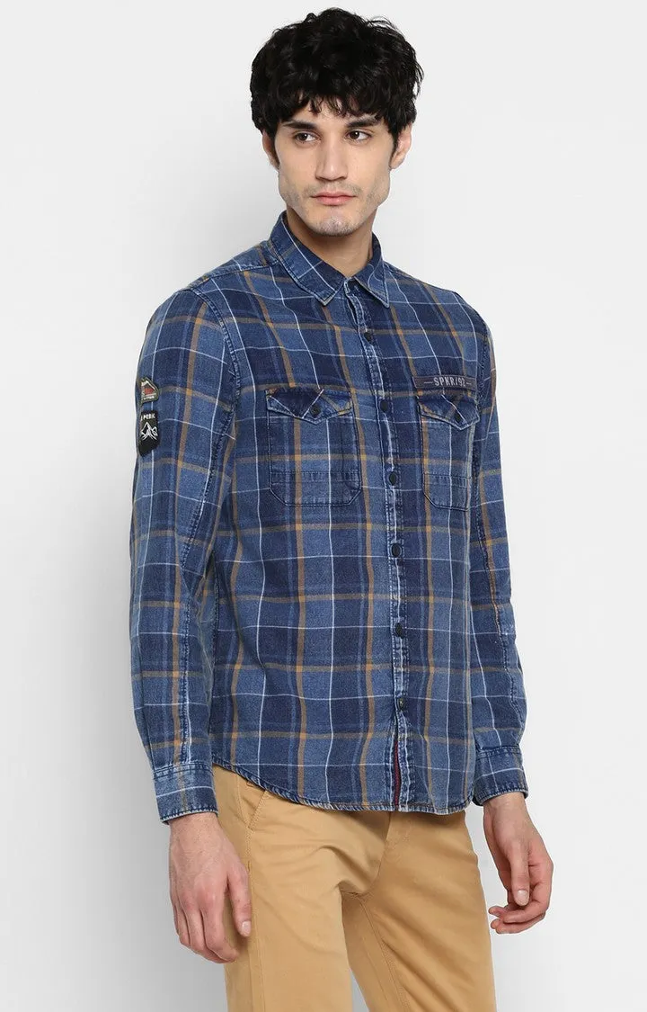 Spykar Slim Fit Men Blue Checked Casual Shirt