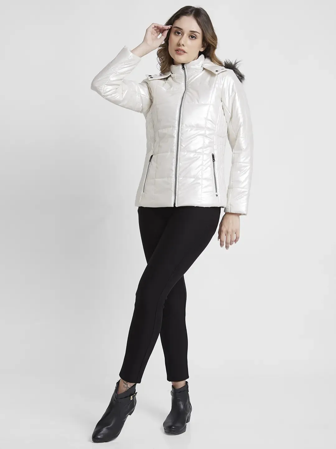 Spykar Women White Regular Fit High Neck Plain Jacket