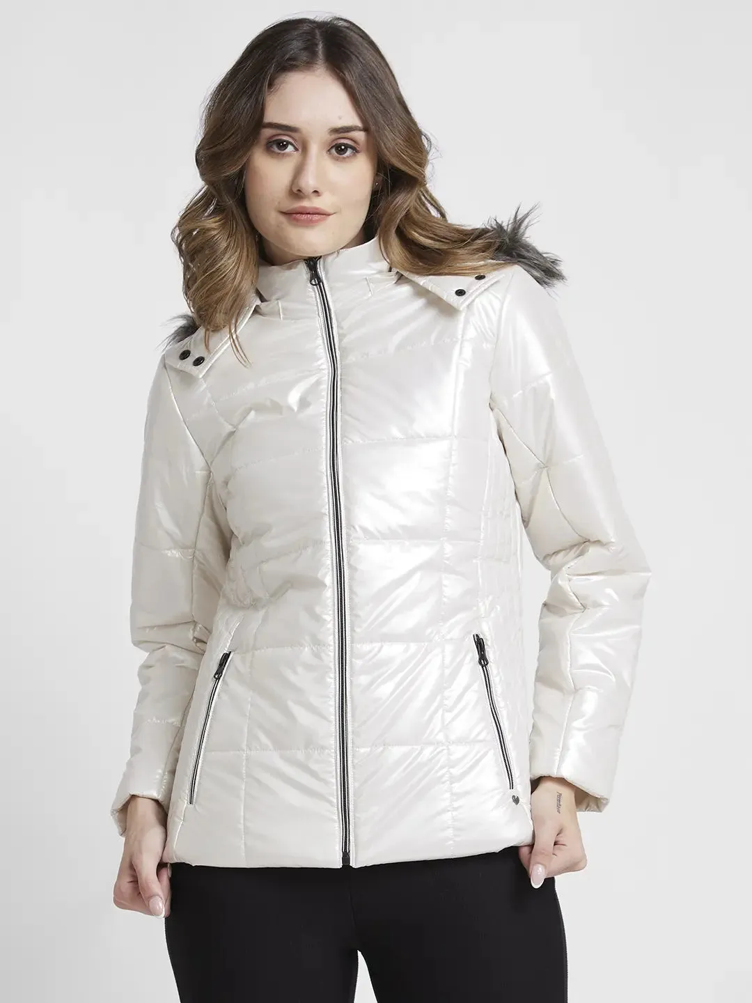 Spykar Women White Regular Fit High Neck Plain Jacket