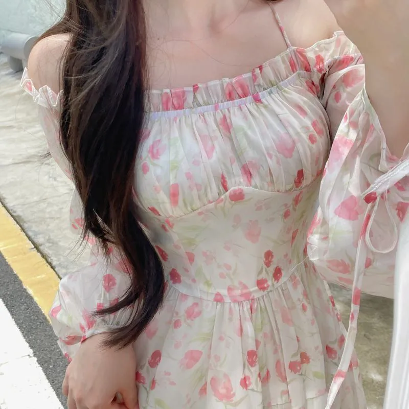 Square Collar Chiffon Off-Shoulder Bubble Sleeve Dress