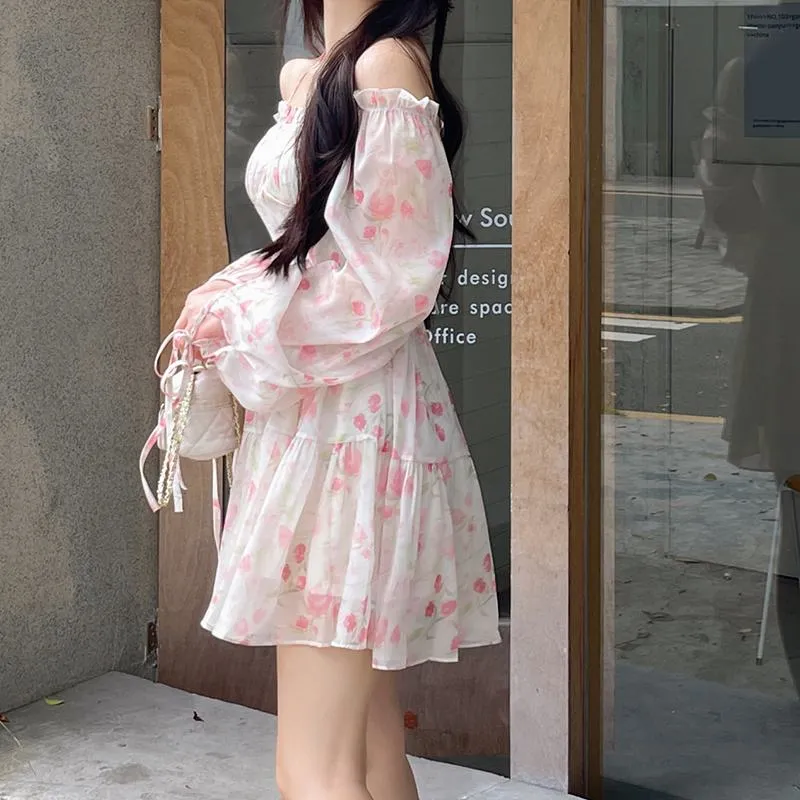 Square Collar Chiffon Off-Shoulder Bubble Sleeve Dress