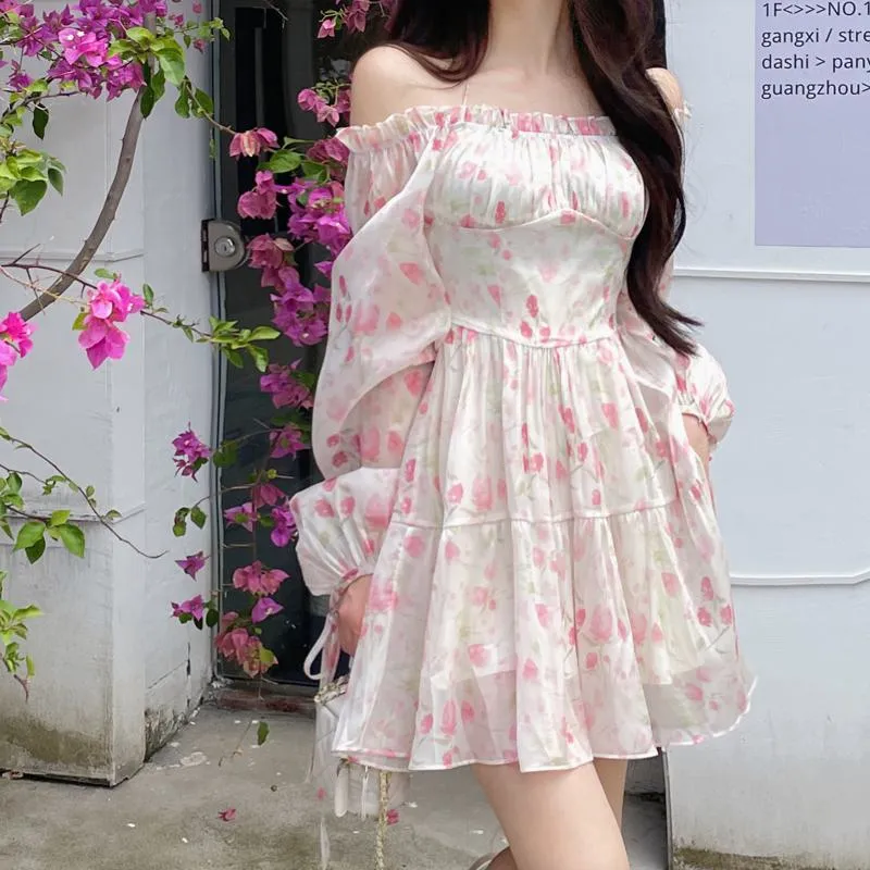 Square Collar Chiffon Off-Shoulder Bubble Sleeve Dress