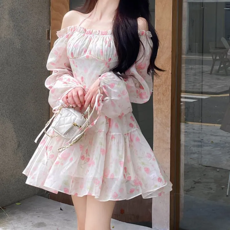 Square Collar Chiffon Off-Shoulder Bubble Sleeve Dress