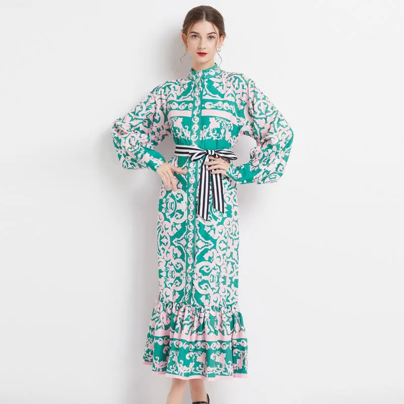 Stand-Up Collar Geometric Print Long Style Dress