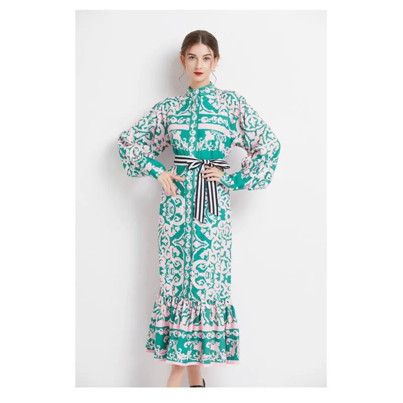 Stand-Up Collar Geometric Print Long Style Dress