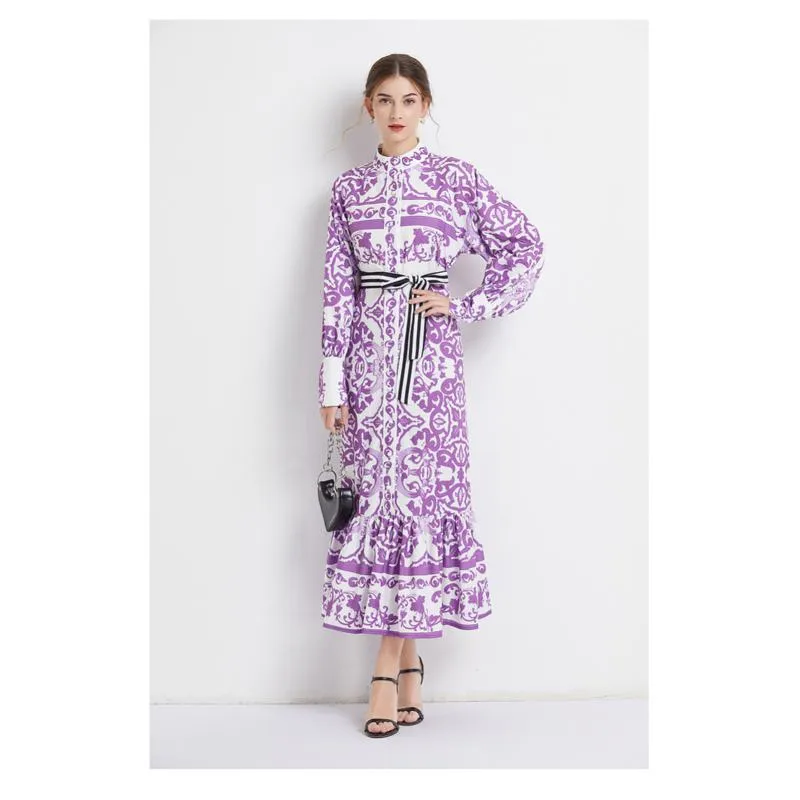 Stand-Up Collar Geometric Print Long Style Dress