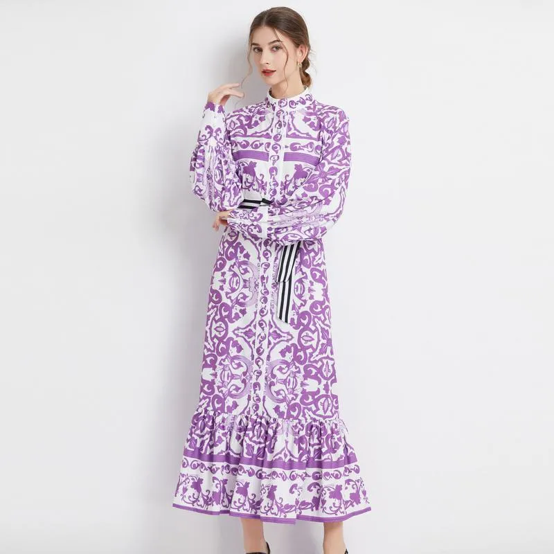 Stand-Up Collar Geometric Print Long Style Dress