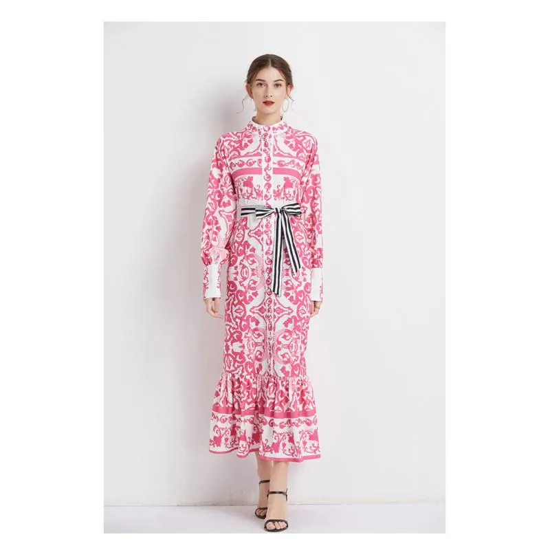 Stand-Up Collar Geometric Print Long Style Dress