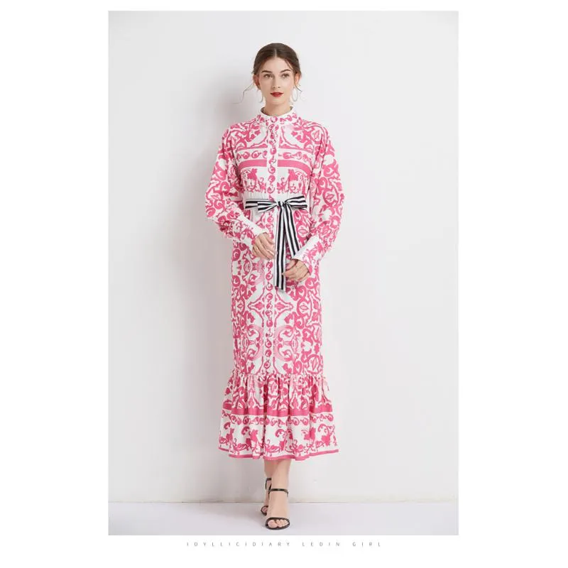 Stand-Up Collar Geometric Print Long Style Dress