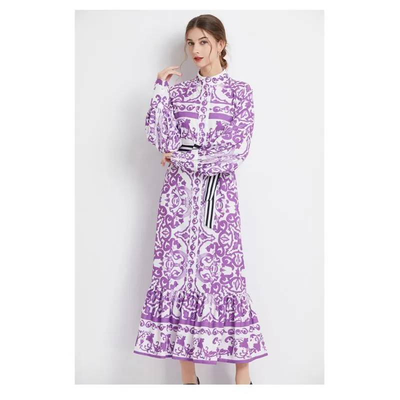 Stand-Up Collar Geometric Print Long Style Dress