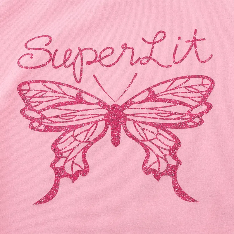 Summer Fashion Short Sleeve Pink Cute Butterfly Graphic Crop Top Tees