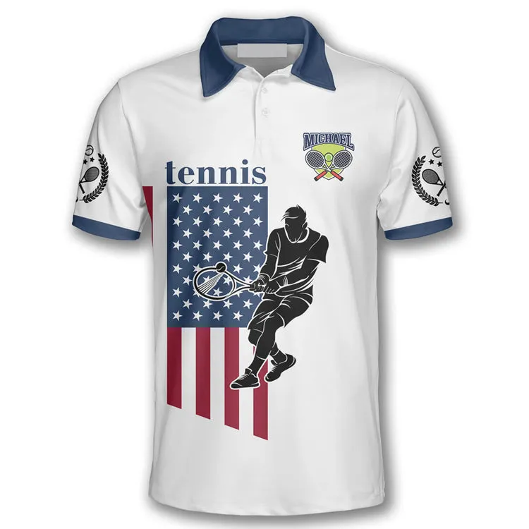 Tennis Player Silhouette American Flag Customized Name All Over Printed Polo Shirt