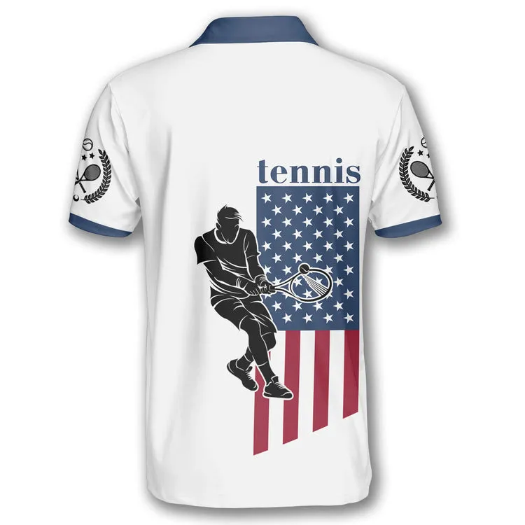 Tennis Player Silhouette American Flag Customized Name All Over Printed Polo Shirt