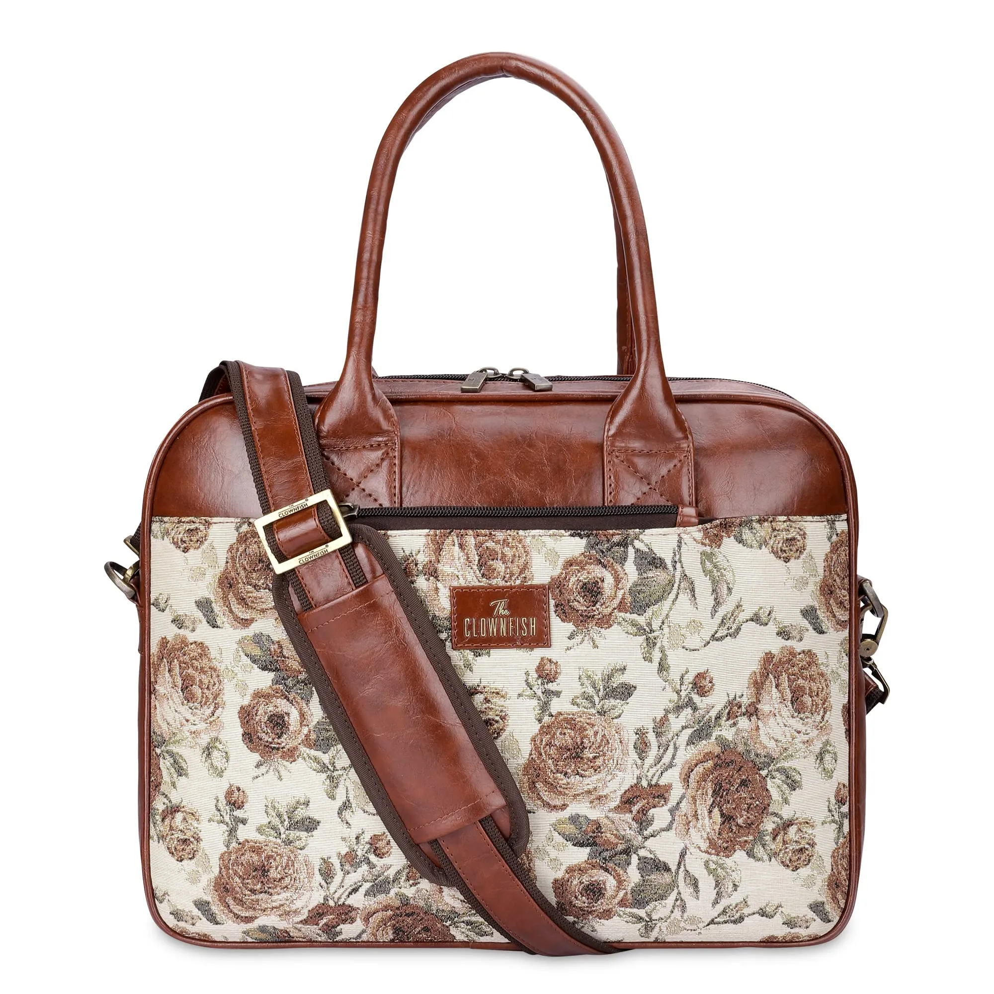 THE CLOWNFISH Deborah series 15.6 inch Laptop Bag For Women Tapestry Fabric & Faux Leather Office Bag Briefcase Messenger Sling Handbag Business Bag (Brown-Floral)