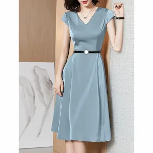 V-Neck A-Line Skirt Belted Slimming Cinched Waist Dress