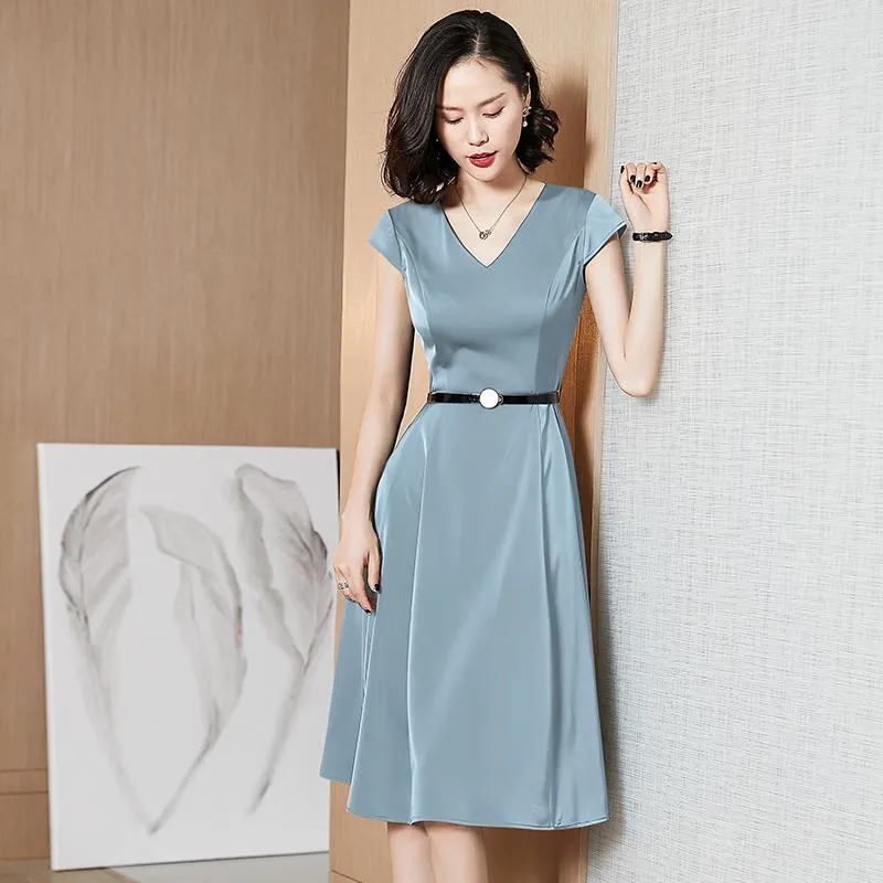 V-Neck A-Line Skirt Belted Slimming Cinched Waist Dress