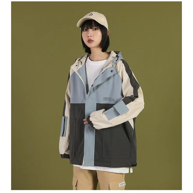 Versatile Casual Color Blocking Loose Fit Raincoat Hooded Jacket