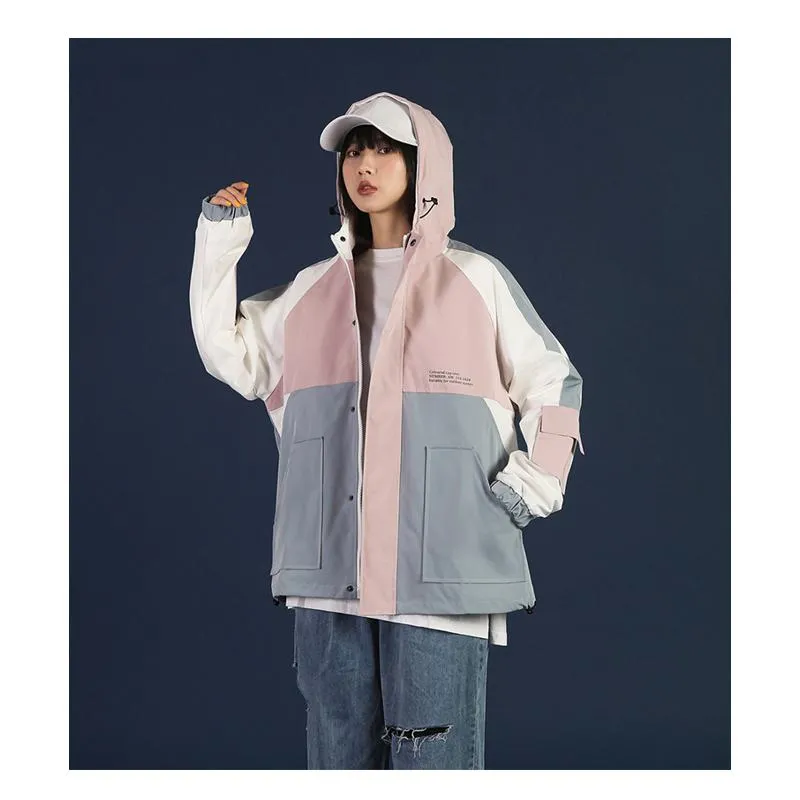 Versatile Casual Color Blocking Loose Fit Raincoat Hooded Jacket