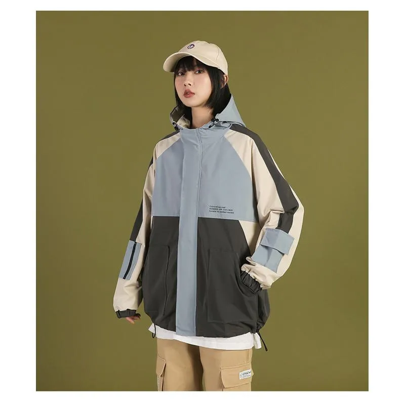 Versatile Casual Color Blocking Loose Fit Raincoat Hooded Jacket