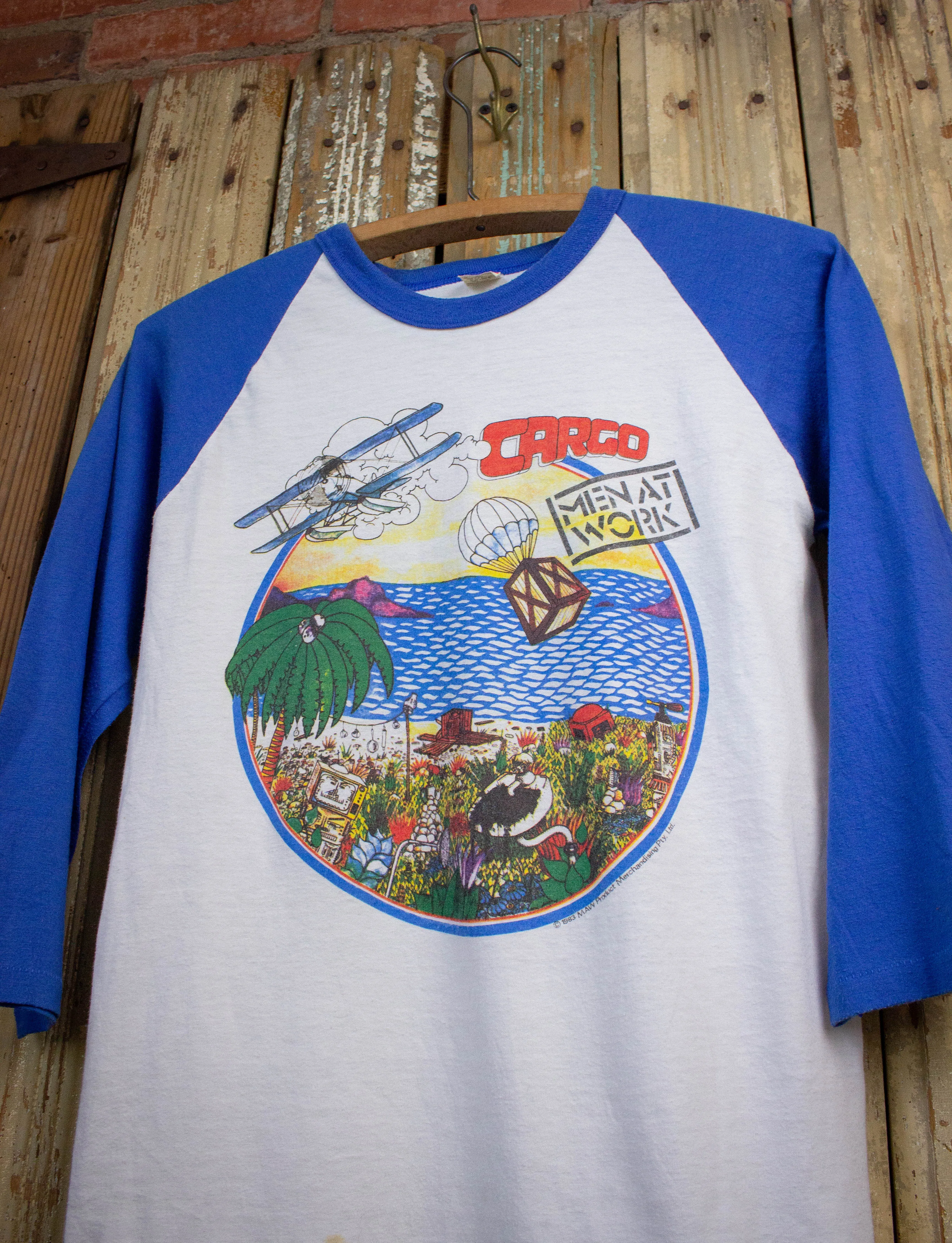 Vintage Men At Work Cargo Raglan Concert T Shirt 1983 White and Blue Small