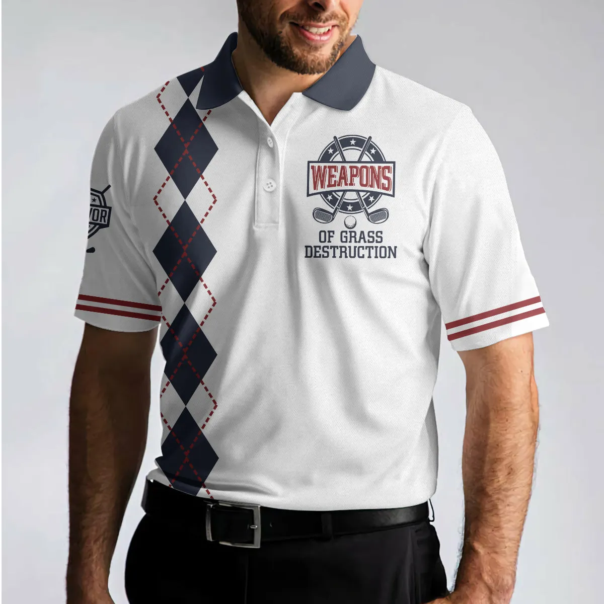 Weapons Of Grass Destruction Short Sleeve Polo Shirt, White And Navy Argyle Pattern Polo Shirt, Best Golf Shirt For Men Coolspod