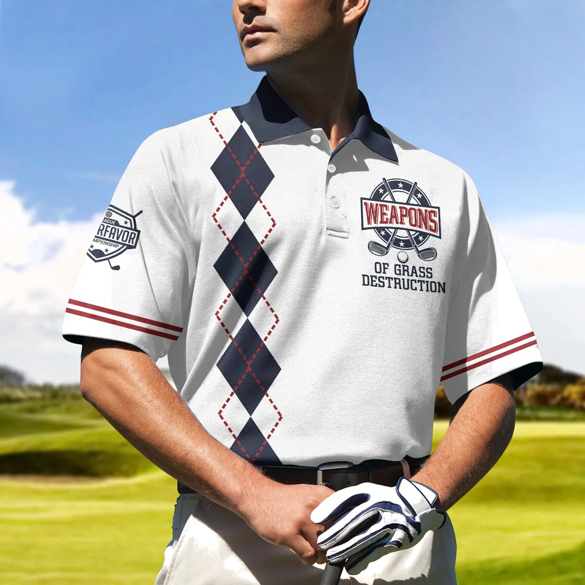 Weapons Of Grass Destruction Short Sleeve Polo Shirt, White And Navy Argyle Pattern Polo Shirt, Best Golf Shirt For Men Coolspod