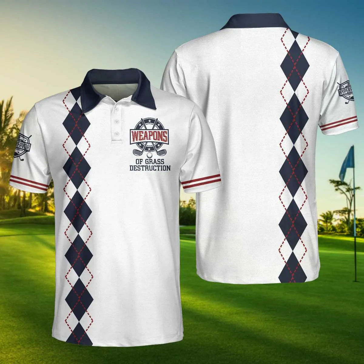 Weapons Of Grass Destruction Short Sleeve Polo Shirt, White And Navy Argyle Pattern Polo Shirt, Best Golf Shirt For Men Coolspod