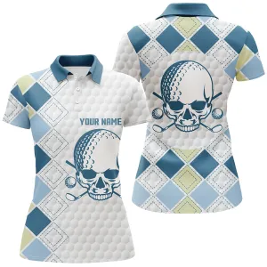 White Golf Ball Skull Women Golf Polos Shirts Custom Blue Argyle Pattern Golf Tops For Ladies 