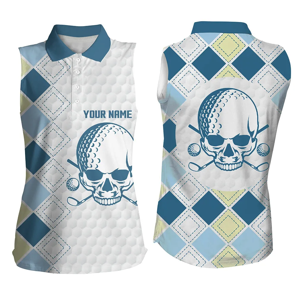 White Golf Ball Skull Women Golf Polos Shirts Custom Blue Argyle Pattern Golf Tops For Ladies 