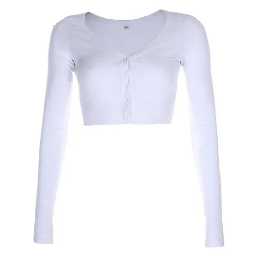 White Solid Sexy V Neck Crop Top Single-Breasted Long Sleeve