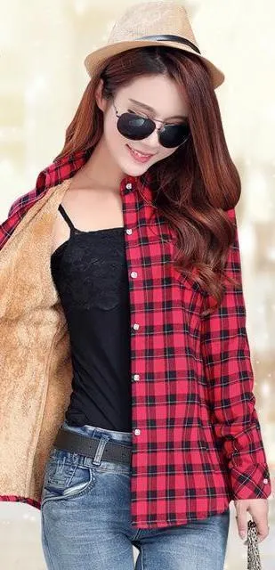 Women Autumn Winter Warm Blouses Tops Blusa Camisa Femininas Cotton Long-sleeve Thick Velvet Plaid Shirt Flannel Shirts Plus XXL (US 8-16)