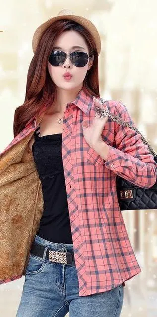 Women Autumn Winter Warm Blouses Tops Blusa Camisa Femininas Cotton Long-sleeve Thick Velvet Plaid Shirt Flannel Shirts Plus XXL (US 8-16)