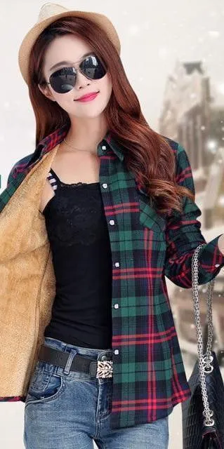 Women Autumn Winter Warm Blouses Tops Blusa Camisa Femininas Cotton Long-sleeve Thick Velvet Plaid Shirt Flannel Shirts Plus XXL (US 8-16)