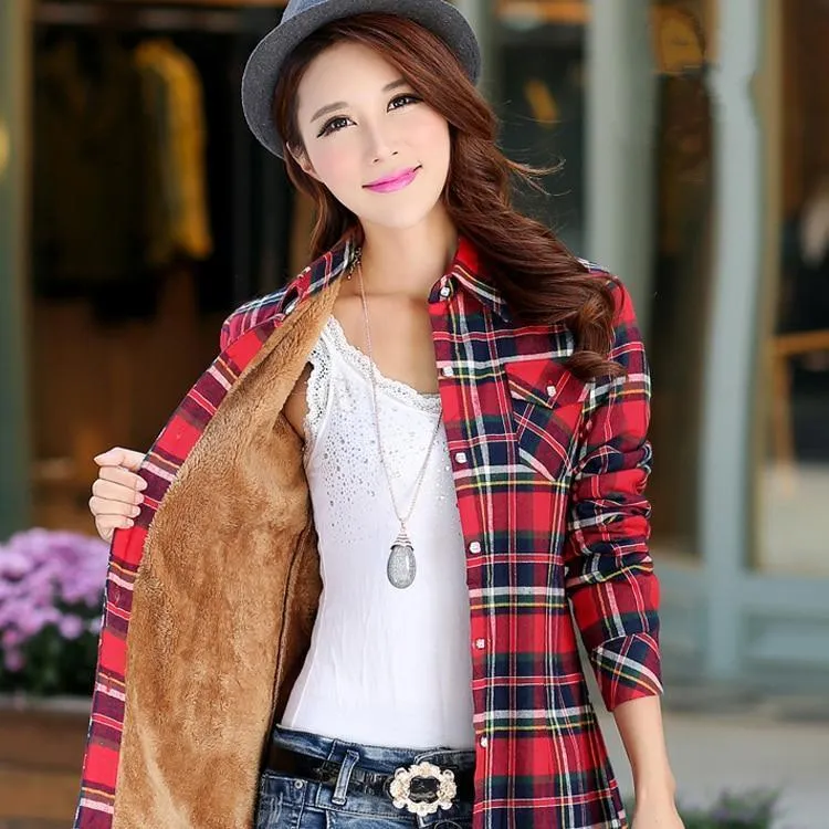 Women Autumn Winter Warm Blouses Tops Blusa Camisa Femininas Cotton Long-sleeve Thick Velvet Plaid Shirt Flannel Shirts Plus XXL (US 8-16)