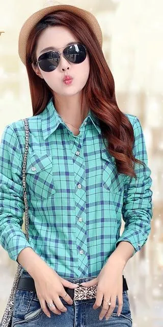 Women Autumn Winter Warm Blouses Tops Blusa Camisa Femininas Cotton Long-sleeve Thick Velvet Plaid Shirt Flannel Shirts Plus XXL (US 8-16)