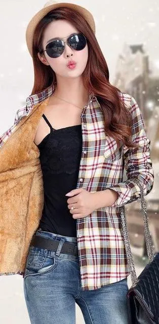 Women Autumn Winter Warm Blouses Tops Blusa Camisa Femininas Cotton Long-sleeve Thick Velvet Plaid Shirt Flannel Shirts Plus XXL (US 8-16)