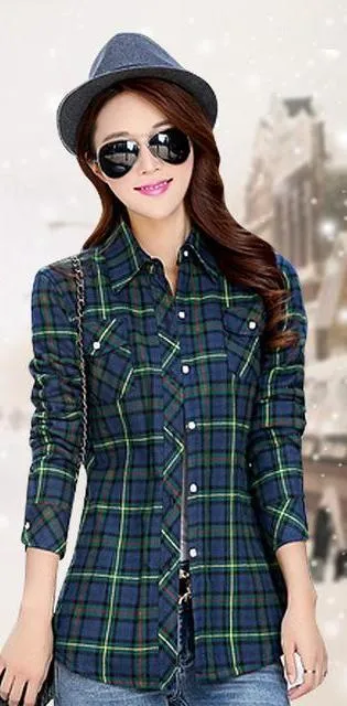 Women Autumn Winter Warm Blouses Tops Blusa Camisa Femininas Cotton Long-sleeve Thick Velvet Plaid Shirt Flannel Shirts Plus XXL (US 8-16)