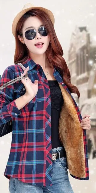 Women Autumn Winter Warm Blouses Tops Blusa Camisa Femininas Cotton Long-sleeve Thick Velvet Plaid Shirt Flannel Shirts Plus XXL (US 8-16)