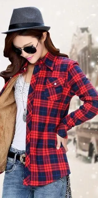 Women Autumn Winter Warm Blouses Tops Blusa Camisa Femininas Cotton Long-sleeve Thick Velvet Plaid Shirt Flannel Shirts Plus XXL (US 8-16)