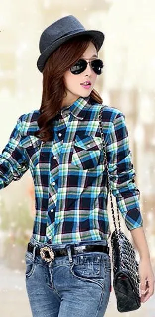 Women Autumn Winter Warm Blouses Tops Blusa Camisa Femininas Cotton Long-sleeve Thick Velvet Plaid Shirt Flannel Shirts Plus XXL (US 8-16)