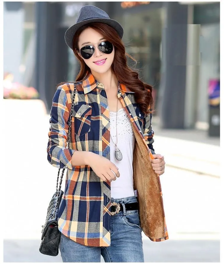 Women Autumn Winter Warm Blouses Tops Blusa Camisa Femininas Cotton Long-sleeve Thick Velvet Plaid Shirt Flannel Shirts Plus XXL (US 8-16)