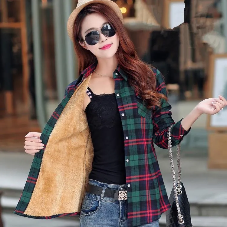 Women Autumn Winter Warm Blouses Tops Blusa Camisa Femininas Cotton Long-sleeve Thick Velvet Plaid Shirt Flannel Shirts Plus XXL (US 8-16)