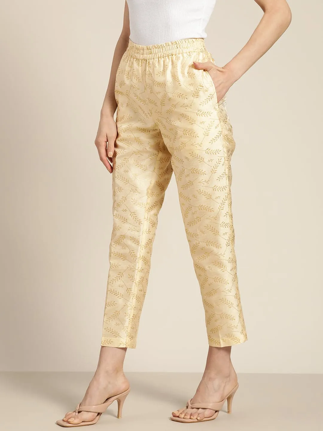 Women Beige Chanderi Gold Foil Pencil Pants