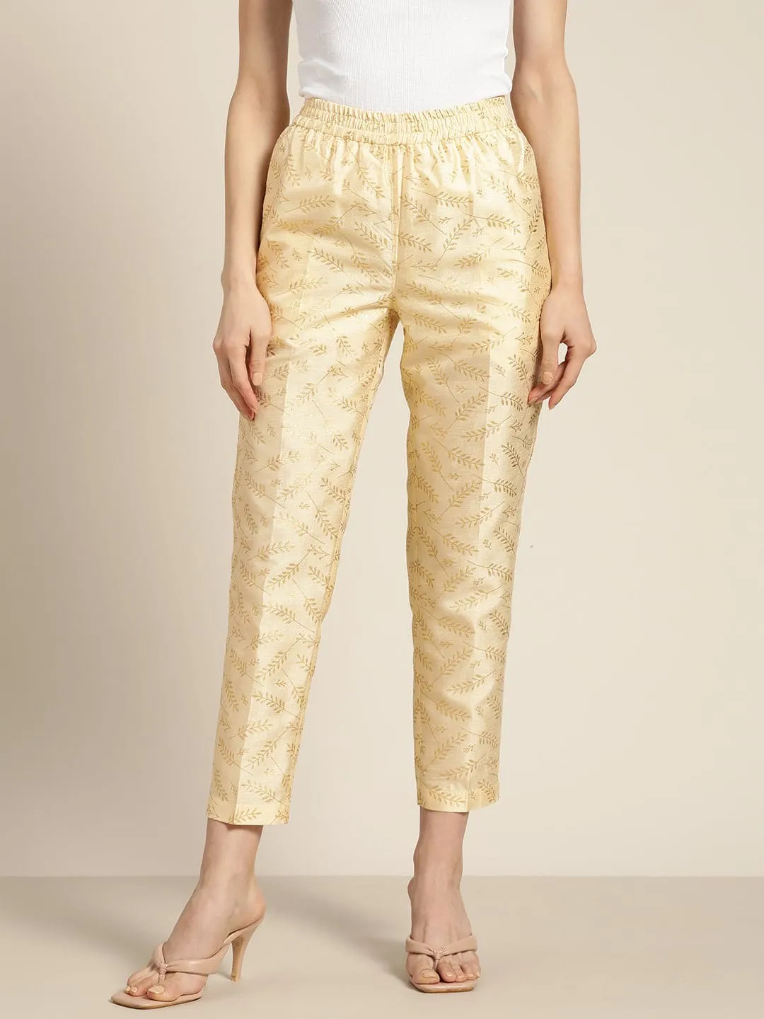 Women Beige Chanderi Gold Foil Pencil Pants